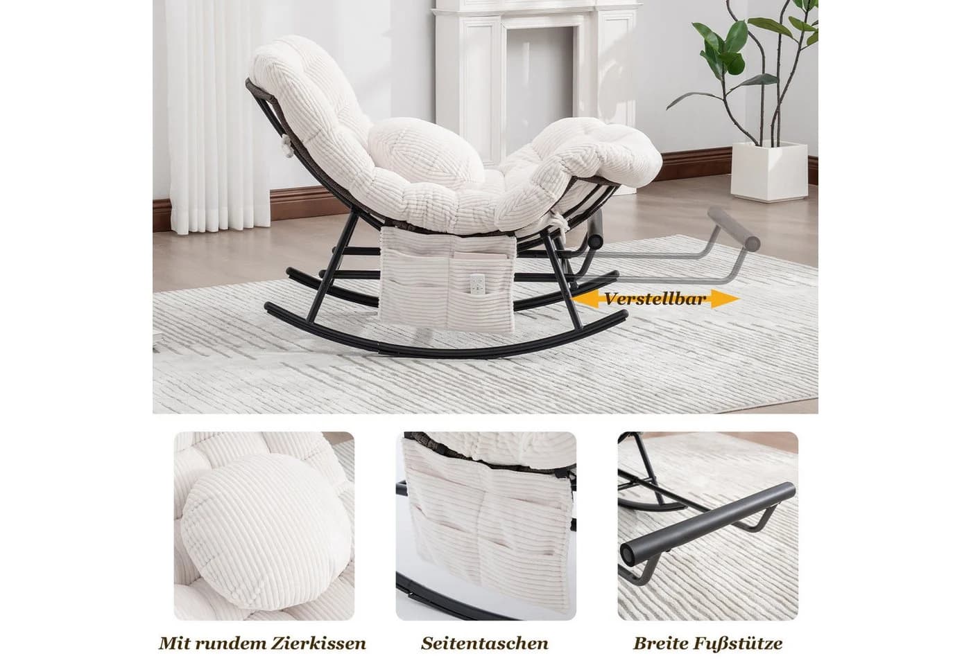 LVHOM Schaukelstuhl mit ausziehbarer Fußstütze, gepolstertem Kissen, Metallgestell, ergonomisches Design - Bild 4