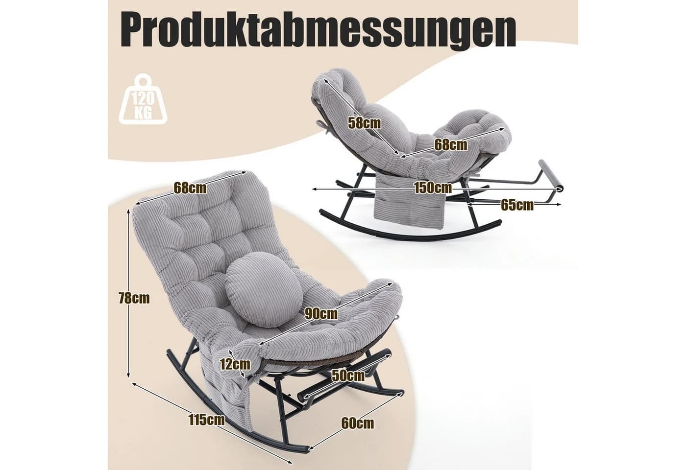 LVHOM Schaukelstuhl mit ausziehbarer Fußstütze, gepolstertem Kissen, Metallgestell, Monddesign, Seitentaschen, ergonomisch - Bild 3