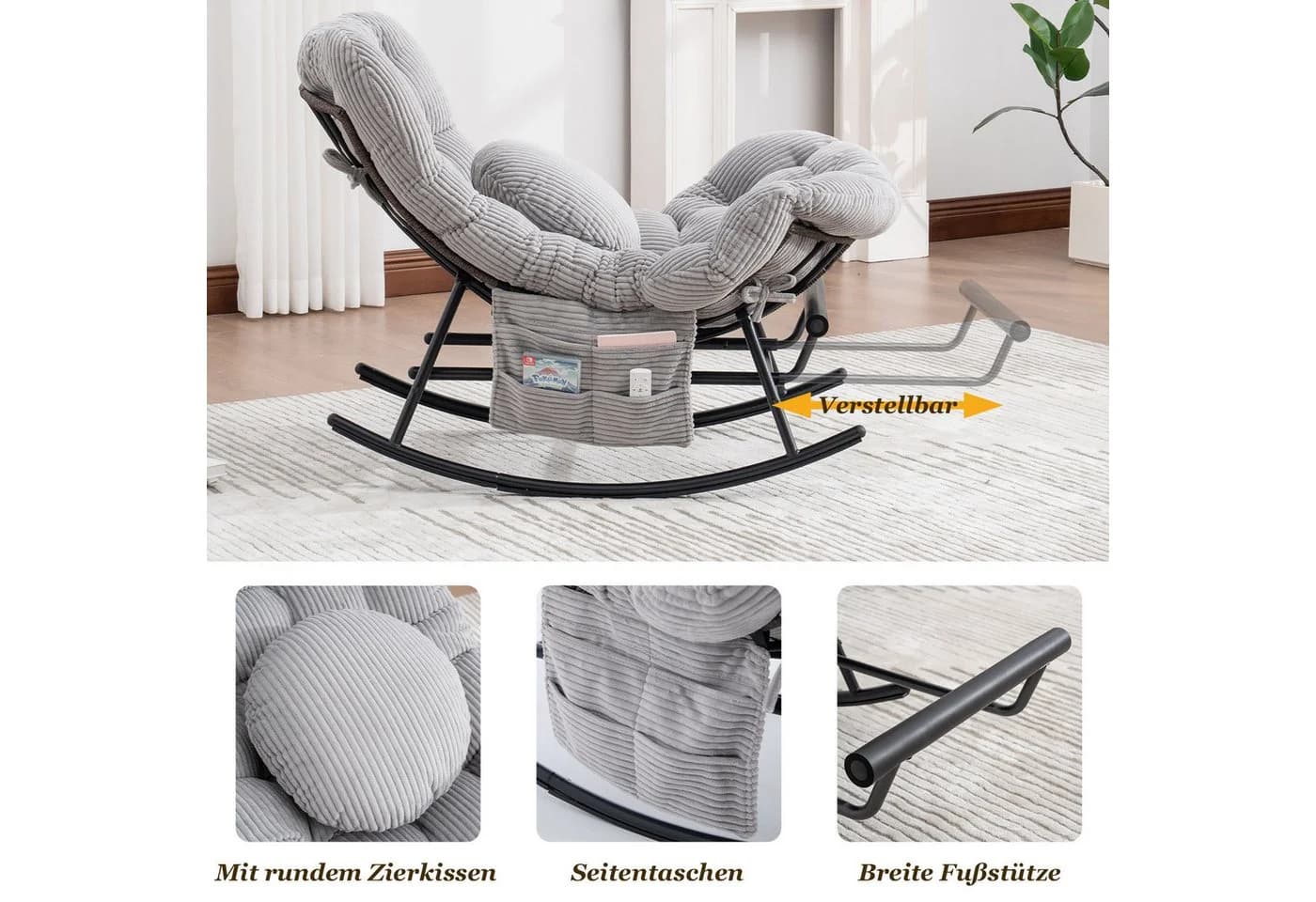 LVHOM Schaukelstuhl mit ausziehbarer Fußstütze, gepolstertem Kissen, Metallgestell, Monddesign, Seitentaschen, ergonomisch - Bild 4