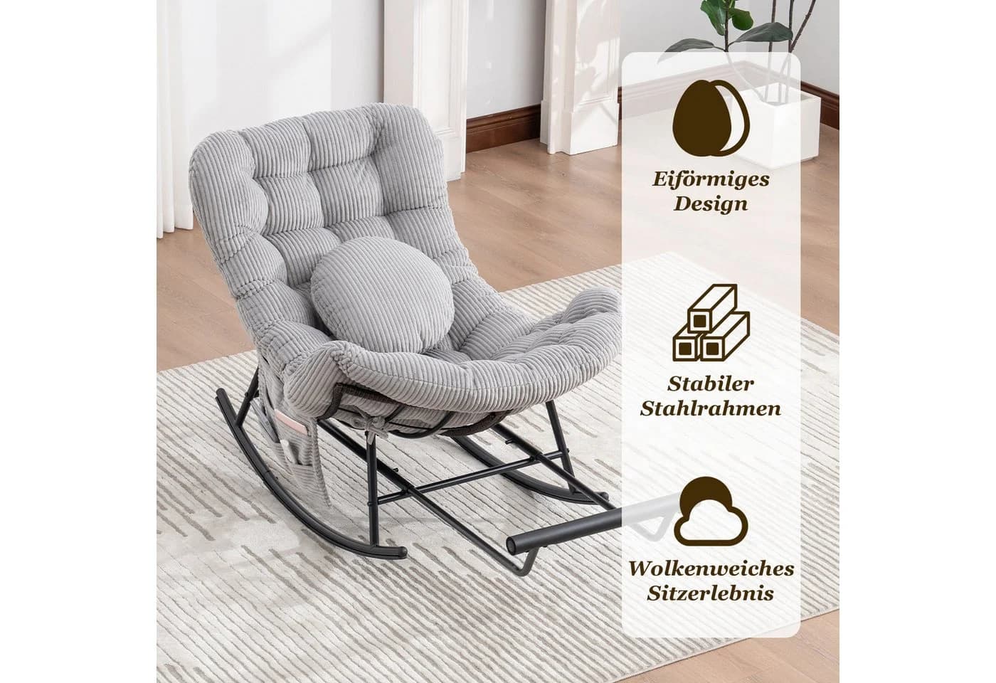 LVHOM Schaukelstuhl mit ausziehbarer Fußstütze, gepolstertem Kissen, Metallgestell, Monddesign, Seitentaschen, ergonomisch - Bild 5