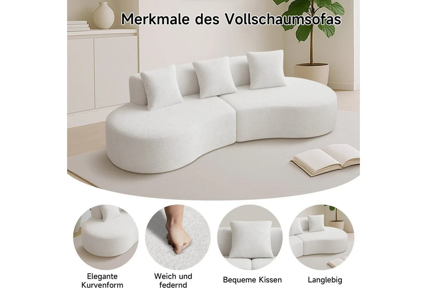 LVHOM Loungesofa 3-Sitzer Samt Weiß Geschwungenes Design - Bild 5