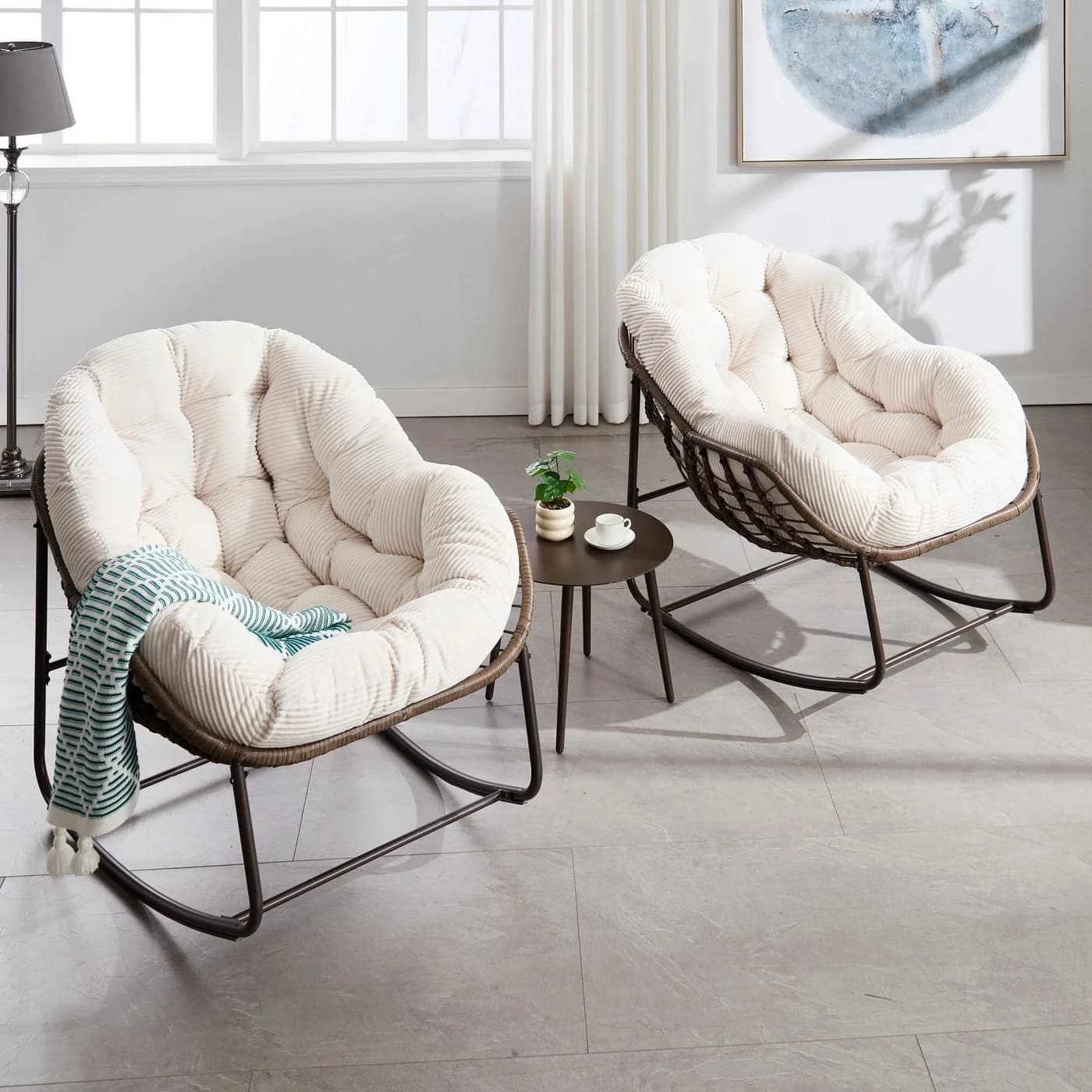 LVHOM Schaukelstuhl Rattan Stahlrahmen Lounge Sessel