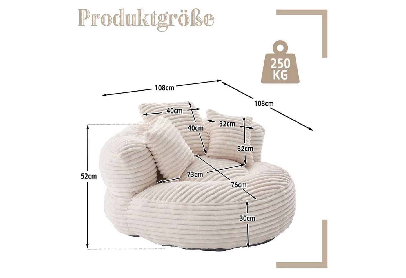 LVHOM Sitzsack 108x108x52cm Chenille Premium Sofa mit 3 extra Kopfkissen - Bild 3