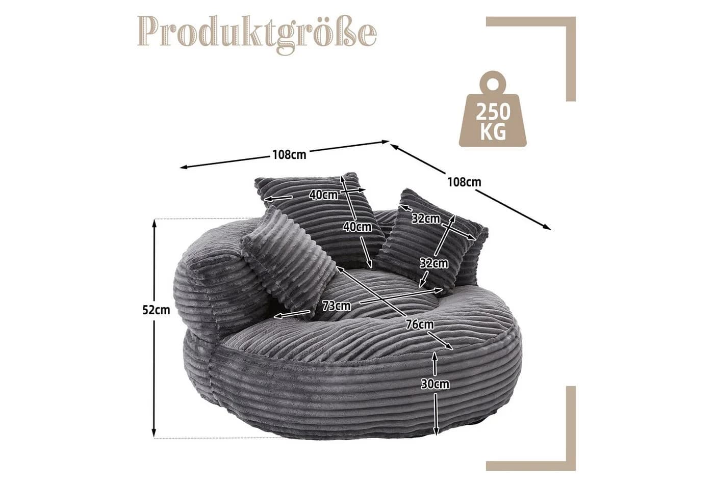 LVHOM Sitzsack 108x108x52cm Chenille Premium Sofa mit 3 extra Kopfkissen - Bild 3