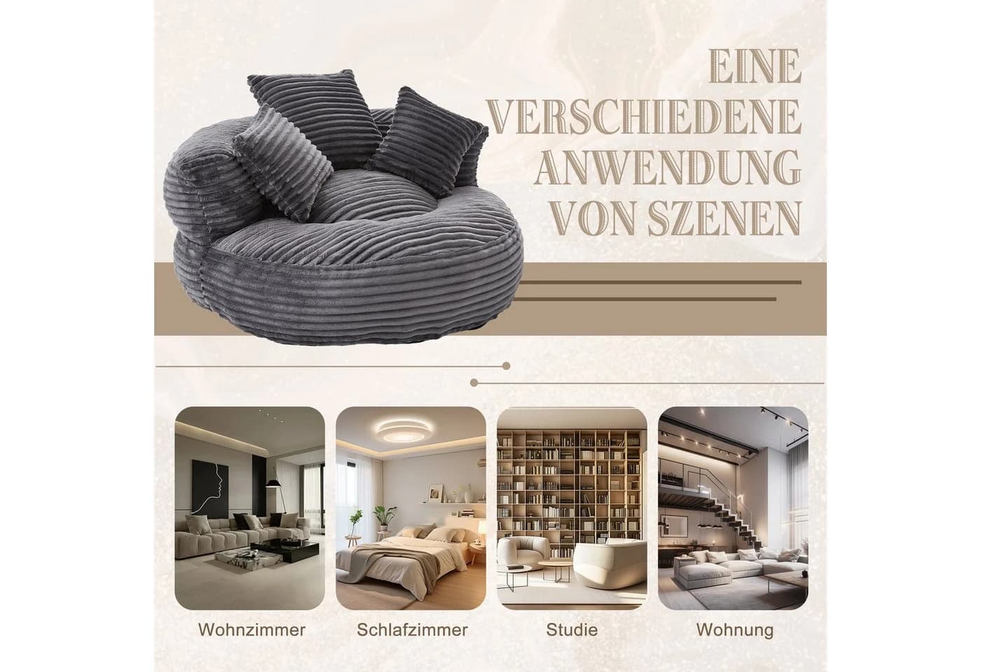 LVHOM Sitzsack 108x108x52cm Chenille Premium Sofa mit 3 extra Kopfkissen - Bild 4
