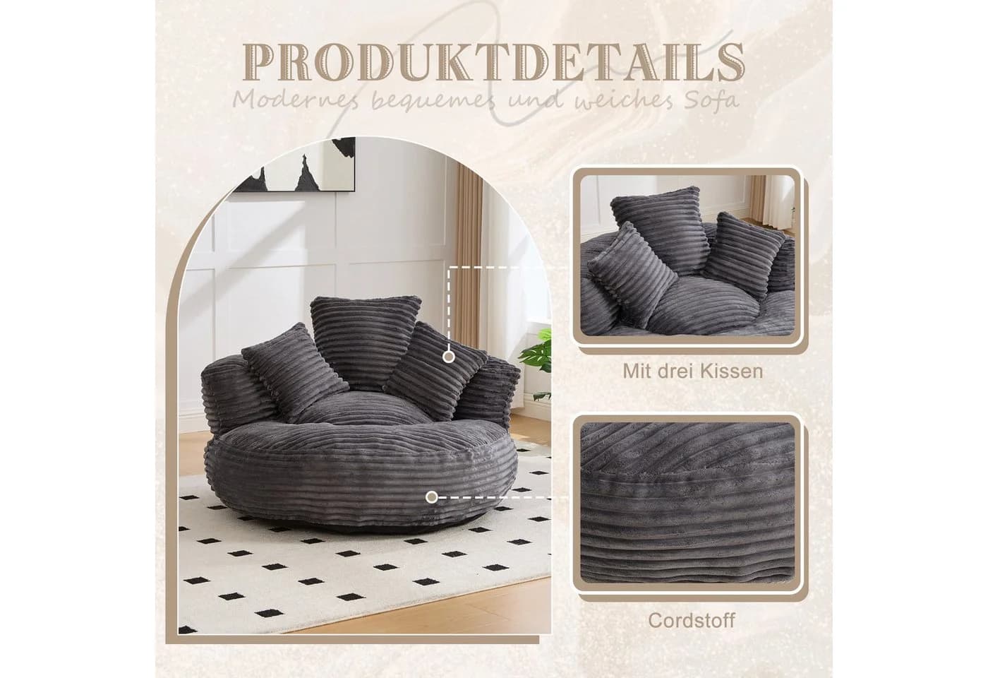 LVHOM Sitzsack 108x108x52cm Chenille Premium Sofa mit 3 extra Kopfkissen - Bild 5