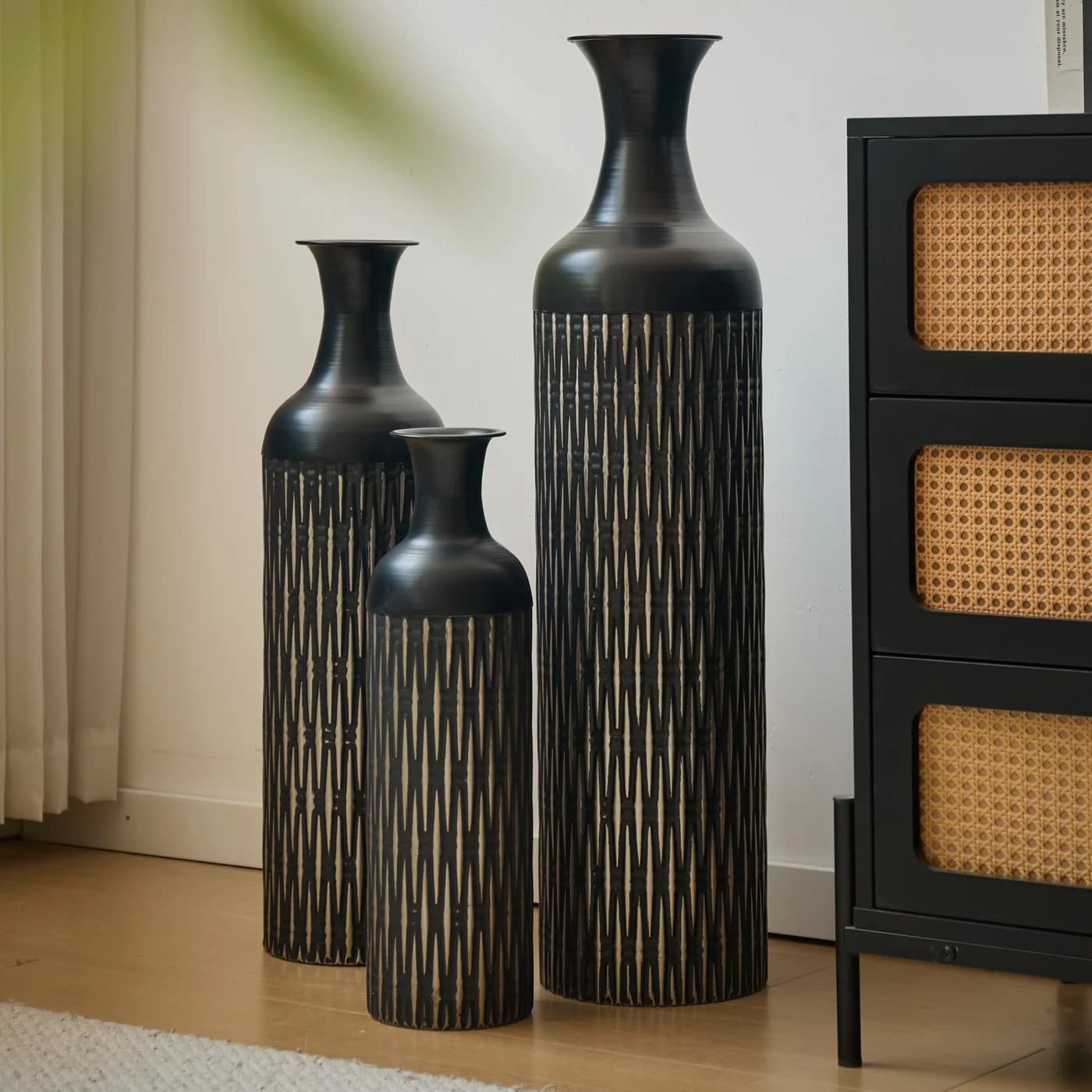 LVHOM Dekovase Bodenvase, Tischvase, 3 tlg. Geometrisches Metall-Vasen-Set, Schwarz - Bild 2