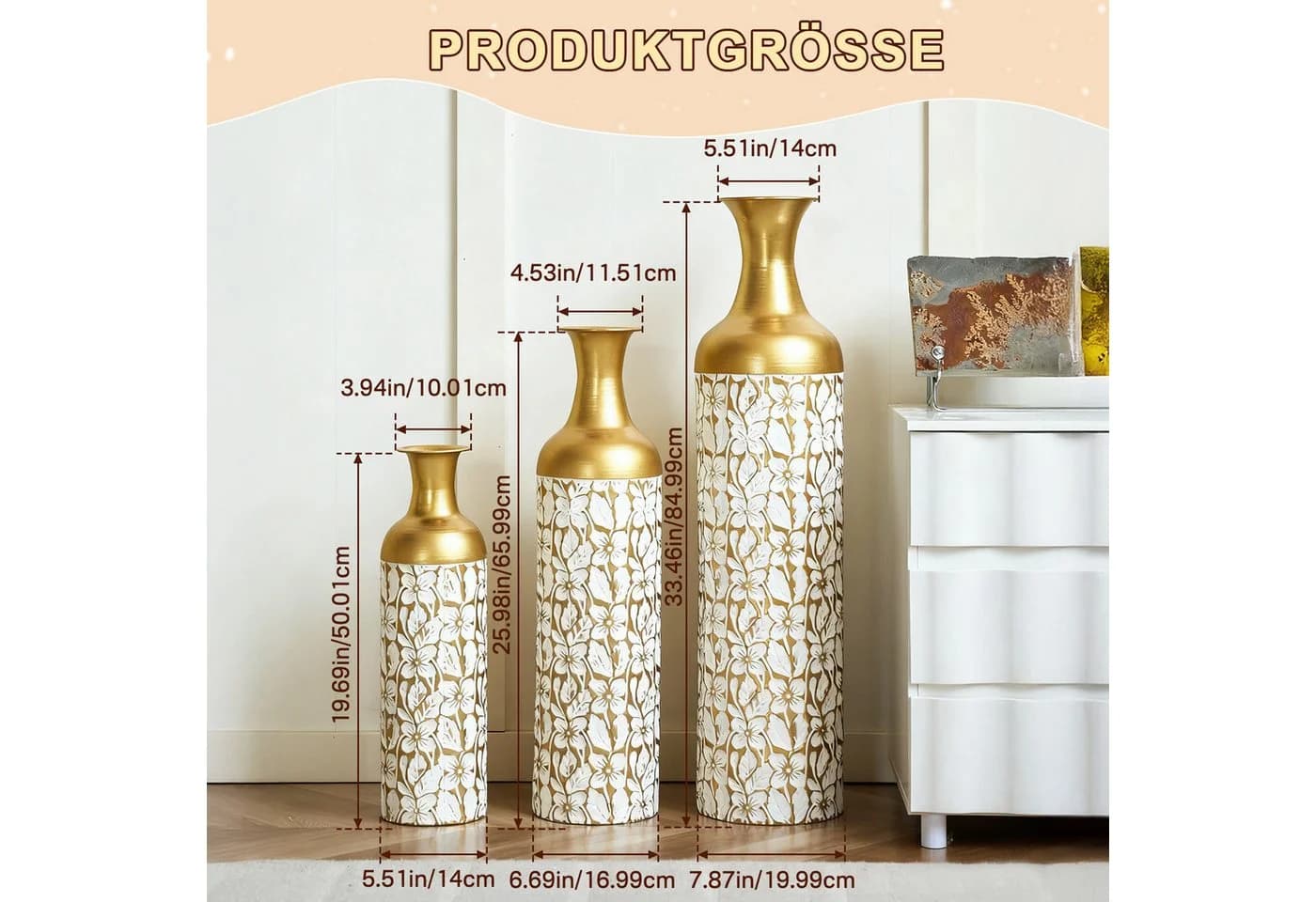 LVHOM Dekovase Bodenvase 3-tlg. Metall-Vasen-Set Gold - Bild 3