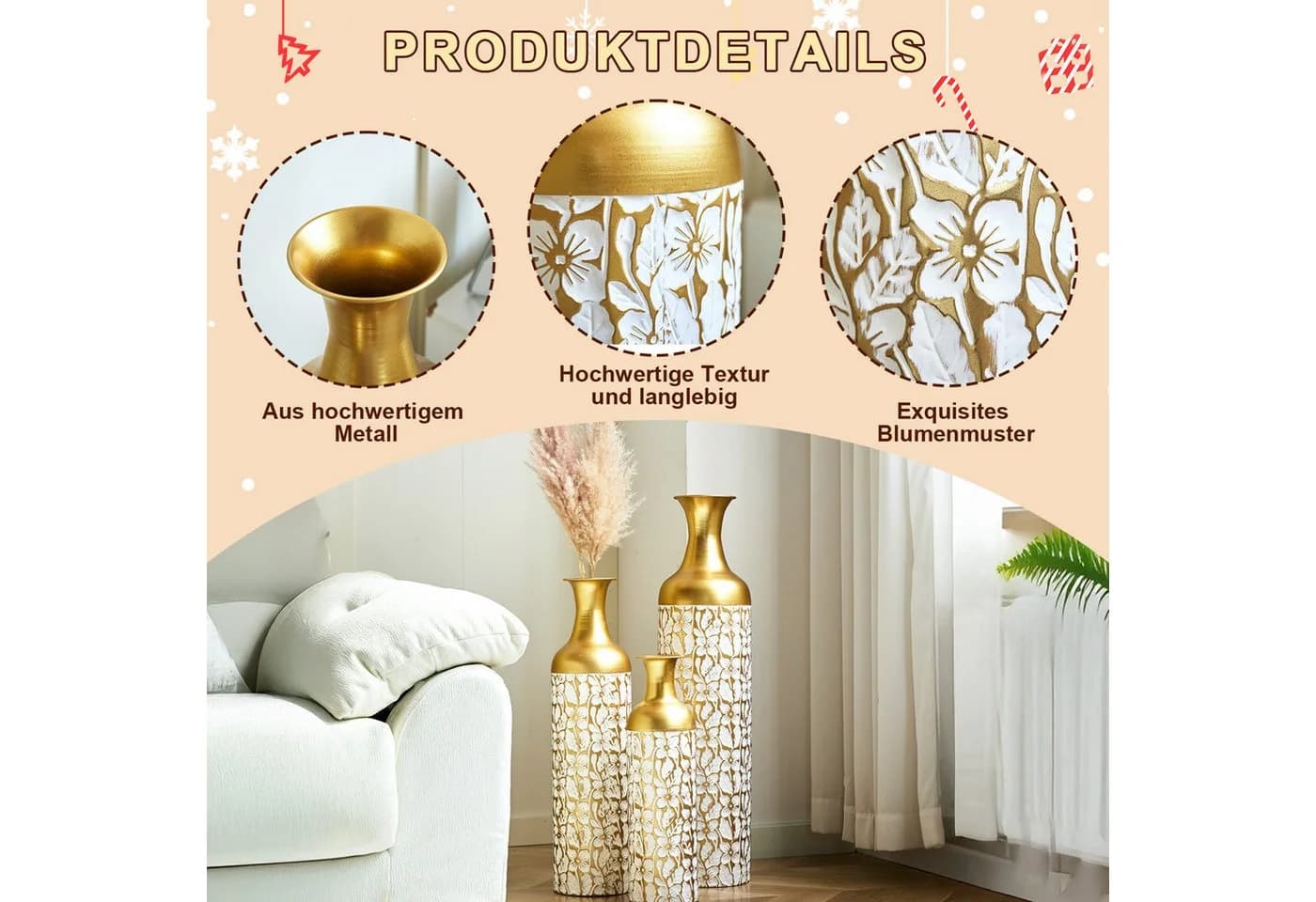 LVHOM Dekovase Bodenvase 3-tlg. Metall-Vasen-Set Gold - Bild 4