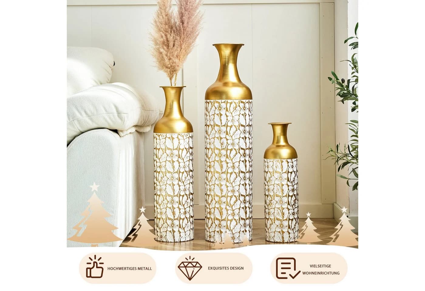 LVHOM Dekovase Bodenvase 3-tlg. Metall-Vasen-Set Gold - Bild 5