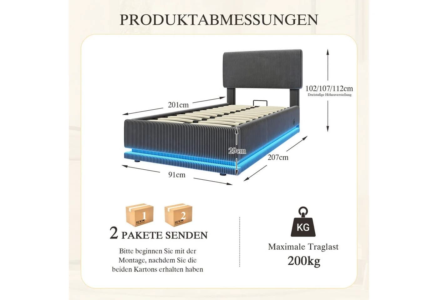 LVHOM Polsterbett 90x200 cm mit Bettkasten, LED & USB, Samt grau - Bild 3