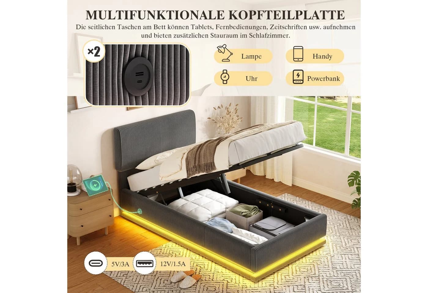 LVHOM Polsterbett 90x200 cm mit Bettkasten, LED & USB, Samt grau - Bild 4