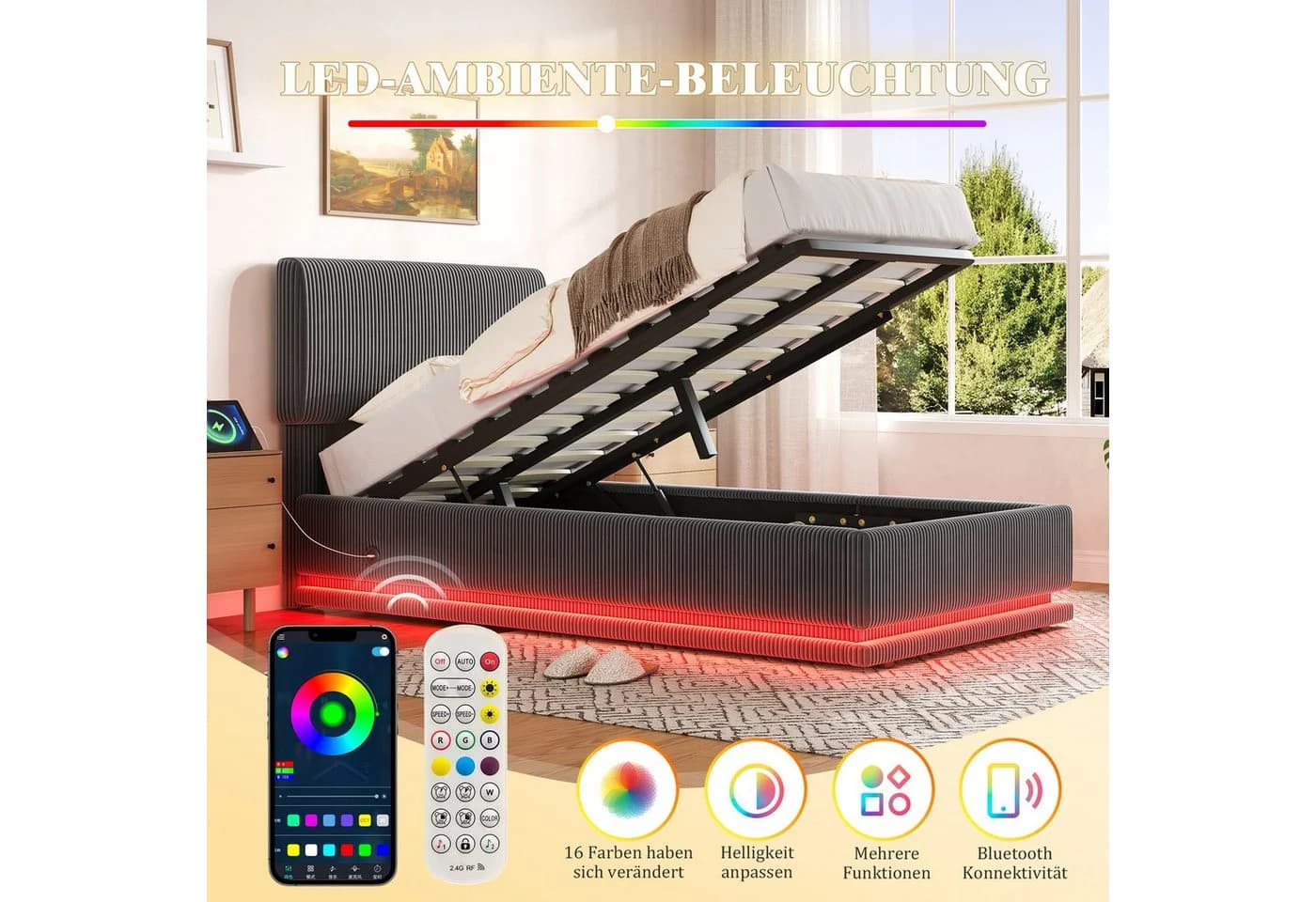 LVHOM Polsterbett 90x200 cm mit Bettkasten, LED & USB, Samt grau - Bild 5