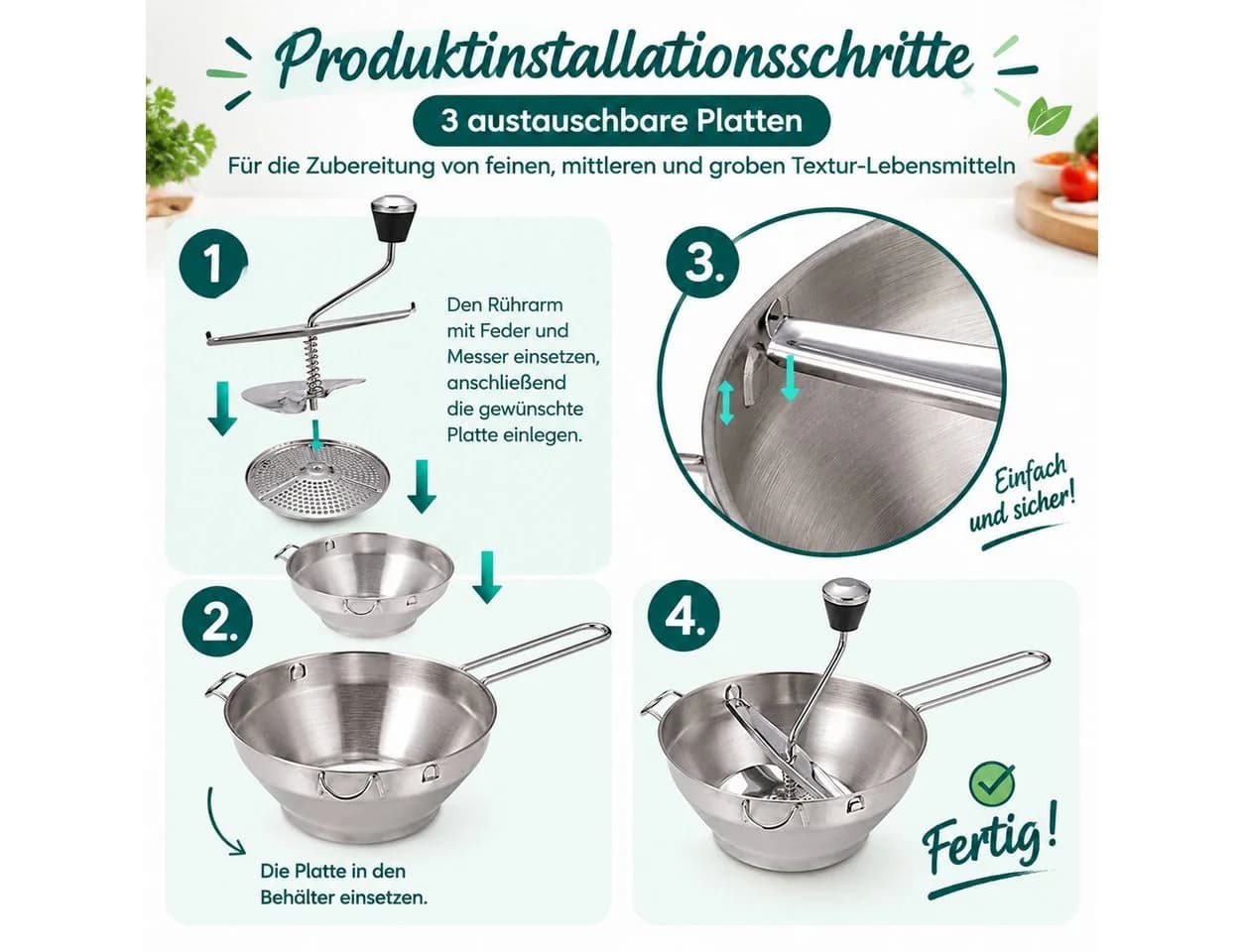 MC Star Passiermühle Edelstahl mit 3 Siebeinsätzen Silber - Bild 4