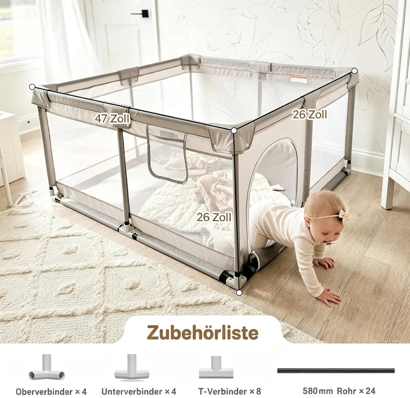 MC Star Laufstall Baby Grau mit Netzdesign und Matte - Bild 3