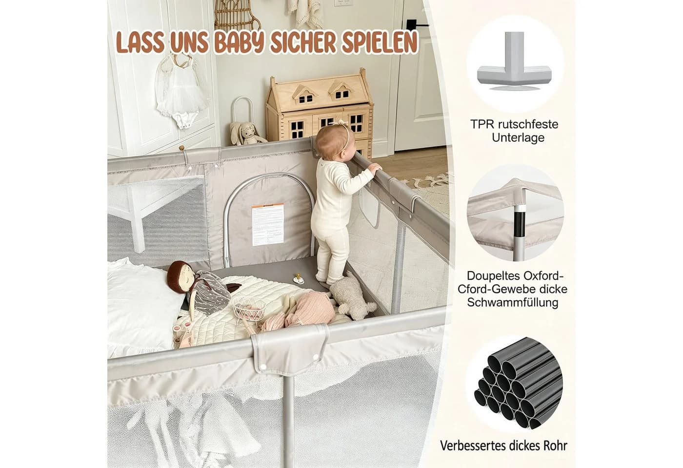 MC Star Laufstall Baby Grau mit Netzdesign und Matte - Bild 4