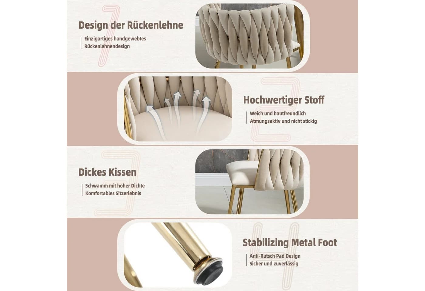 LVHOM Esszimmerstuhl Set 6-tlg. Beige Samt Goldener Rahmen - Bild 5