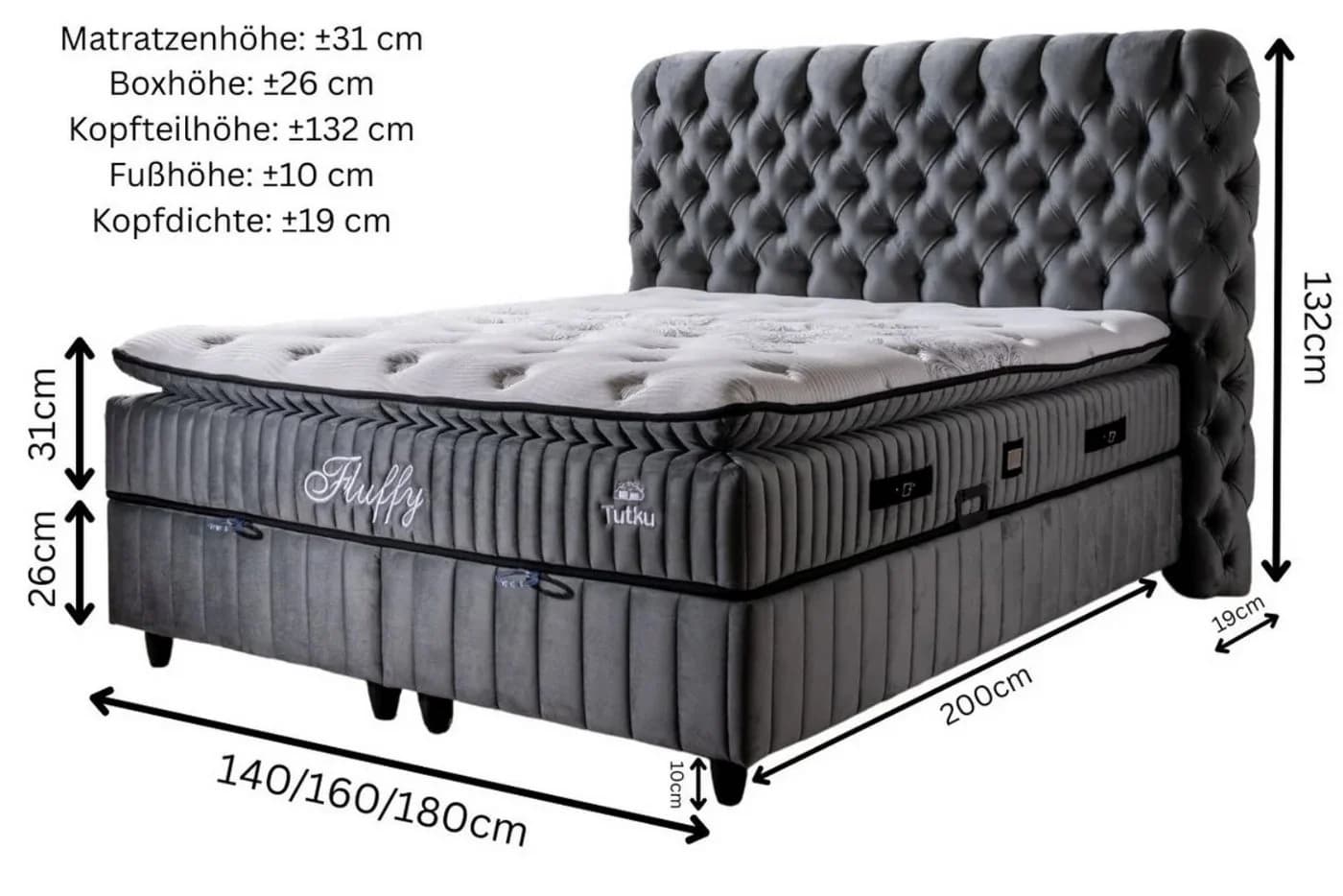 Pointhome Boxspringbett Set Fluffy Grau mit Bettkasten und Topper - Bild 3
