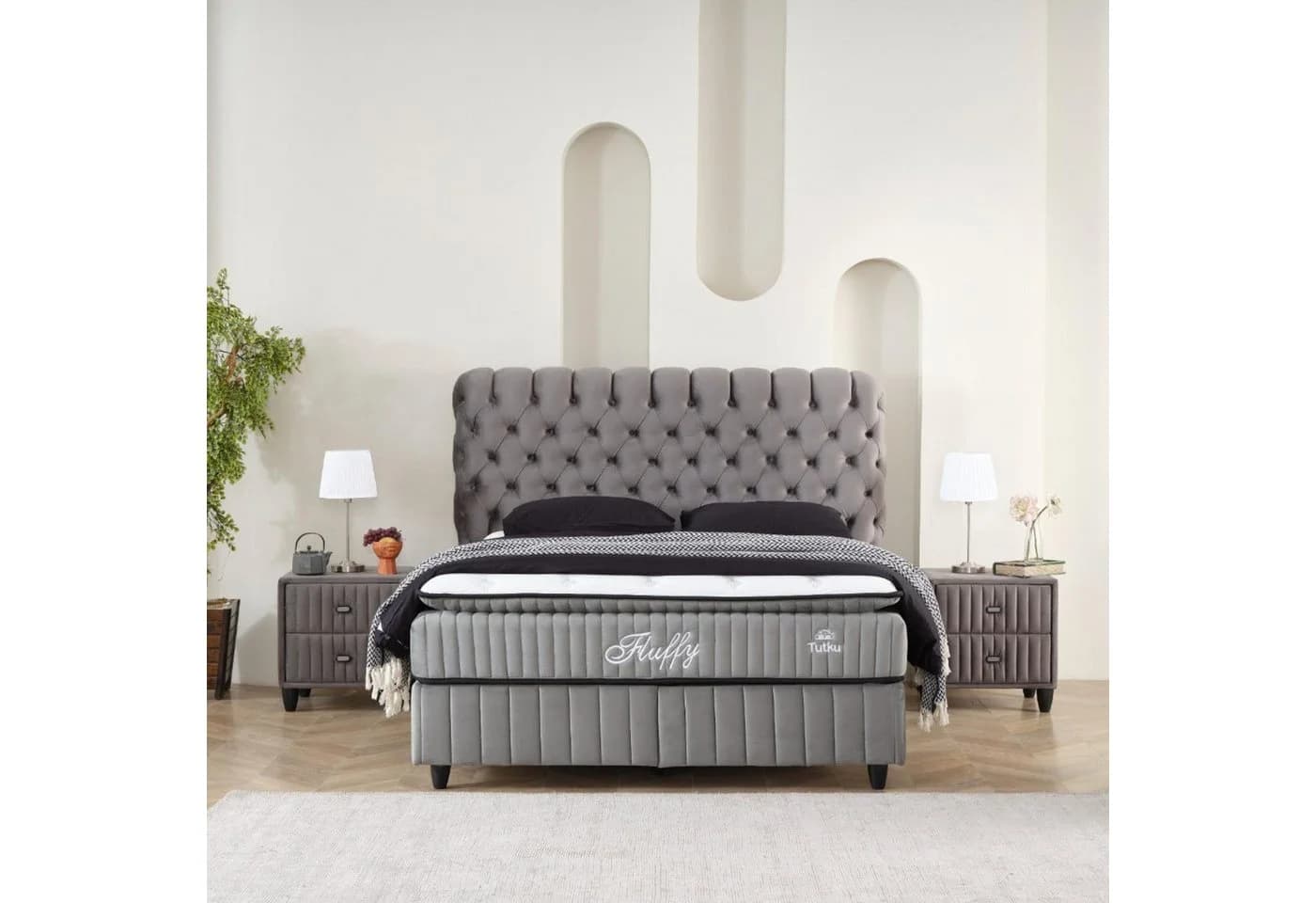 Pointhome Boxspringbett Grau mit Matratze H3 & Bettkasten