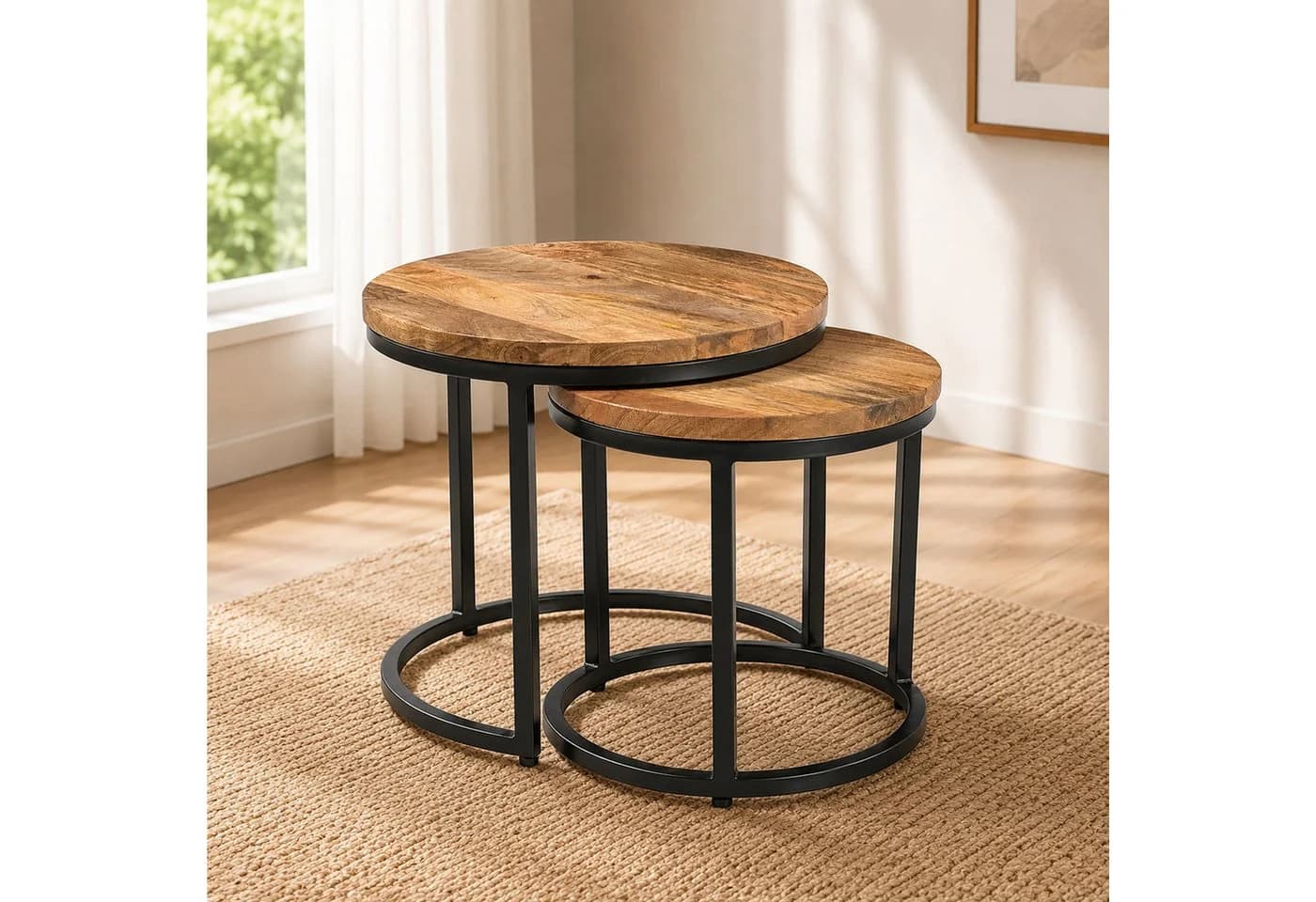 iAnanas Satztisch 2er Set Rund Massivmangoholz Industrial Design Beige/Schwarz
