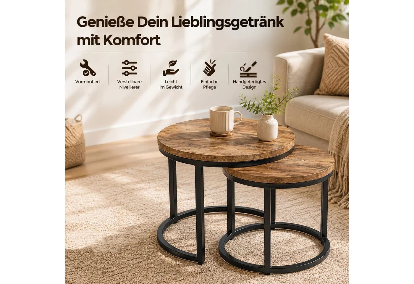 iAnanas Satztisch 2er Set Rund Massivmangoholz Industrial Design Beige/Schwarz - Bild 3