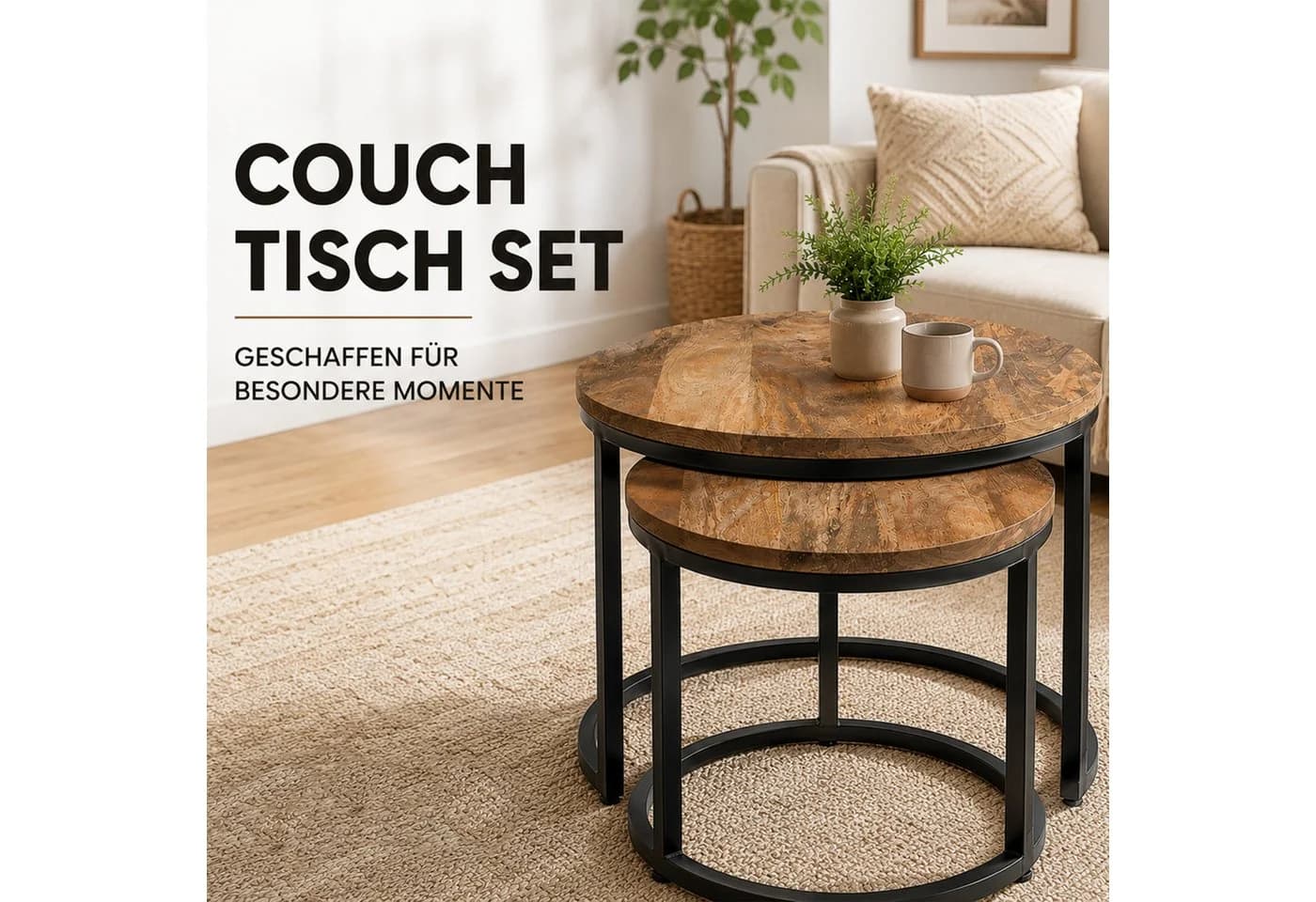 iAnanas Satztisch 2er Set Rund Massivmangoholz Industrial Design Beige/Schwarz - Bild 4
