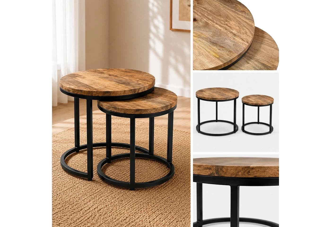 iAnanas Satztisch 2er Set Rund Massivmangoholz Industrial Design Beige/Schwarz - Bild 5