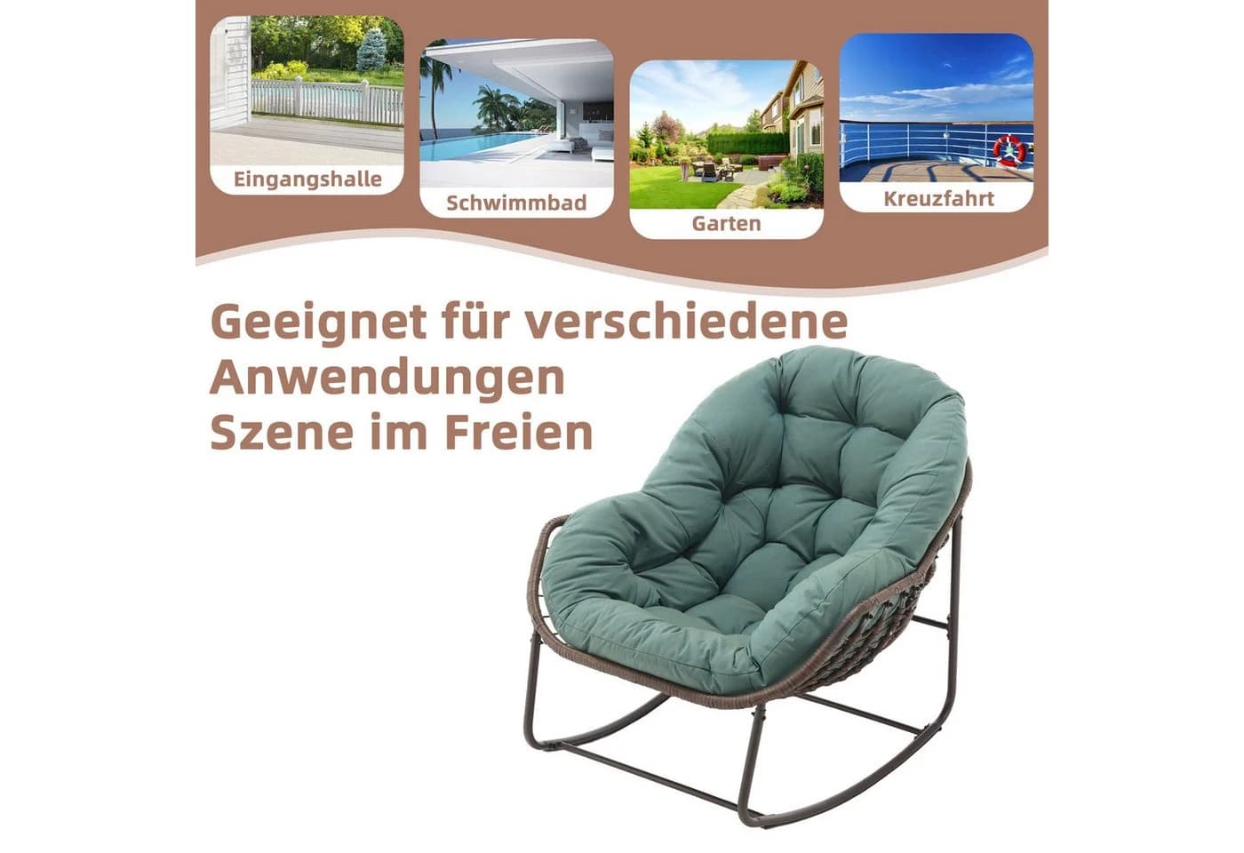LVHOM Schaukelstuhl mit Polsterung Rattan Stahlrahmen Grün - Bild 4