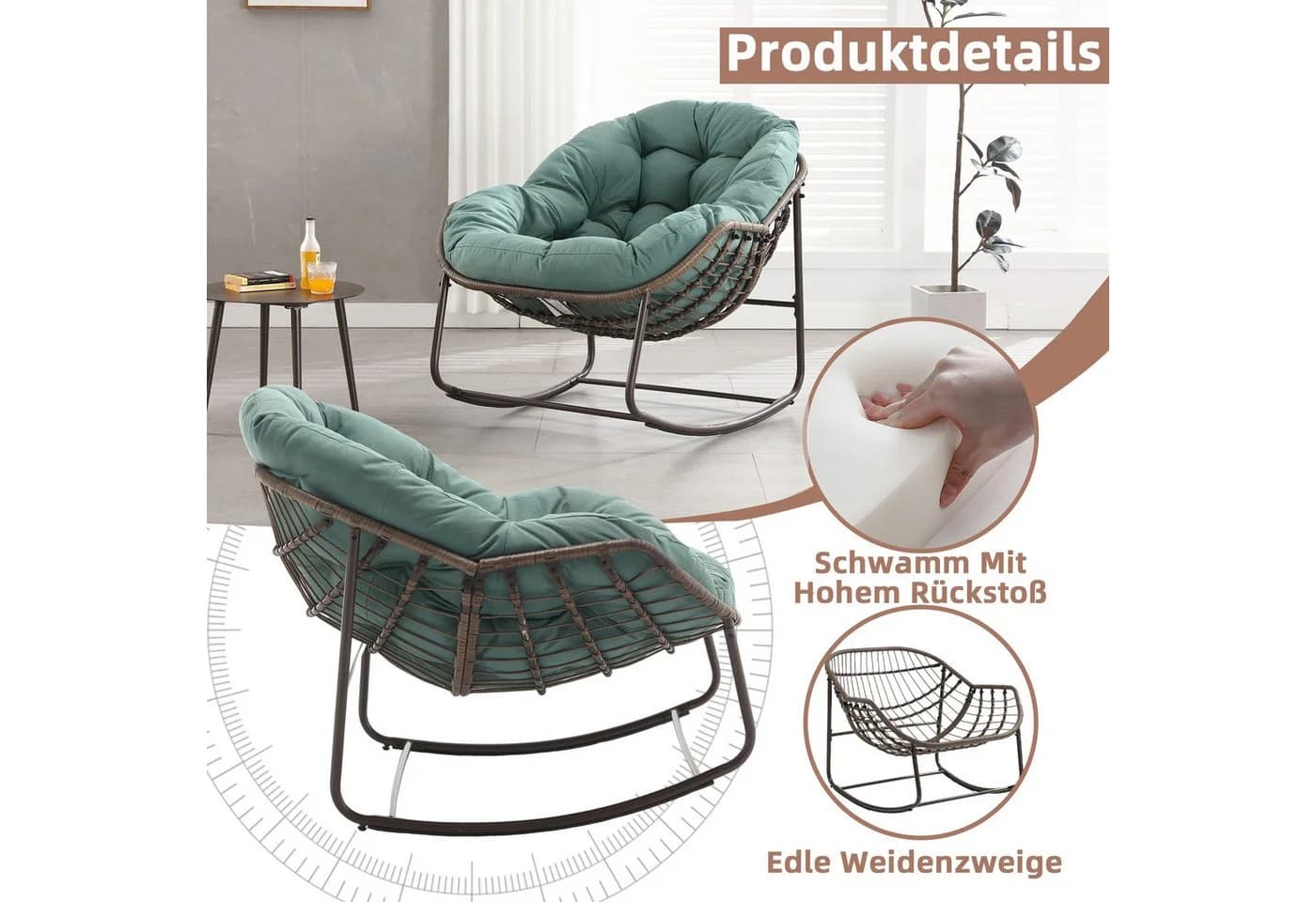 LVHOM Schaukelstuhl mit Polsterung Rattan Stahlrahmen Grün - Bild 5