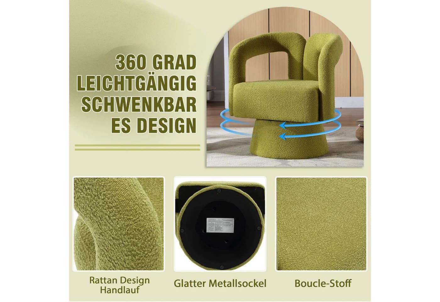 LVHOM Drehsessel M-Form Grün Boucle-Stoff 360° Drehbar - Bild 5