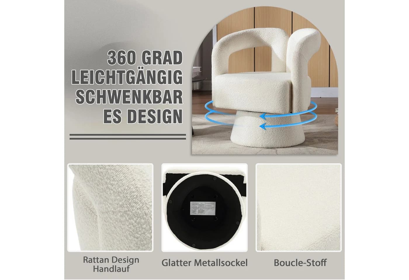 LVHOM Drehsessel M-Form 360 Grad drehbar Cuddle Barrel-Akzentstuhl Beige - Bild 5