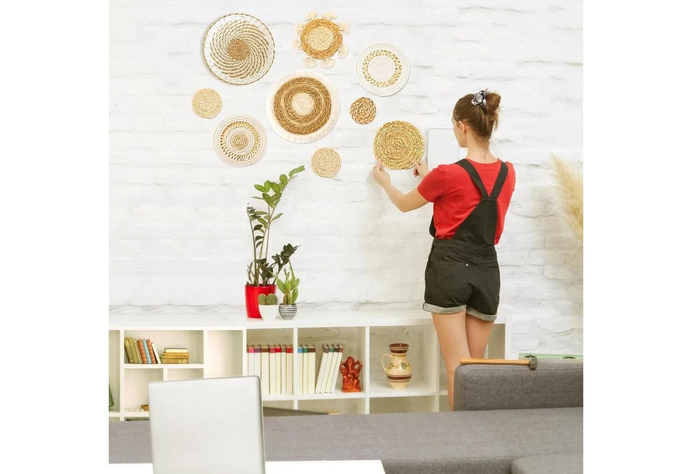 Wiladu 9-tlg. Wanddeko Set Boho Rattan Seegras Beige/Braun - Bild 3