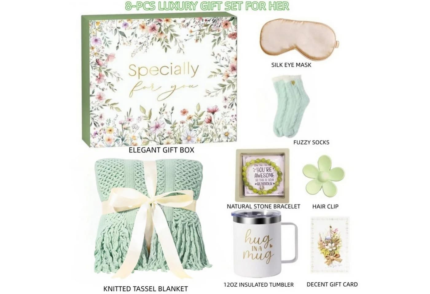 HOMELIVE 8-tlg. Wohndecke Geschenkset Salbei-Grün mit Tumbler & Socken