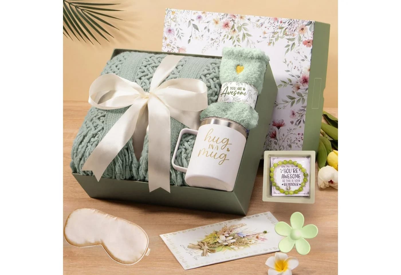 HOMELIVE 8-tlg. Wohndecke Geschenkset Salbei-Grün mit Tumbler & Socken - Bild 4