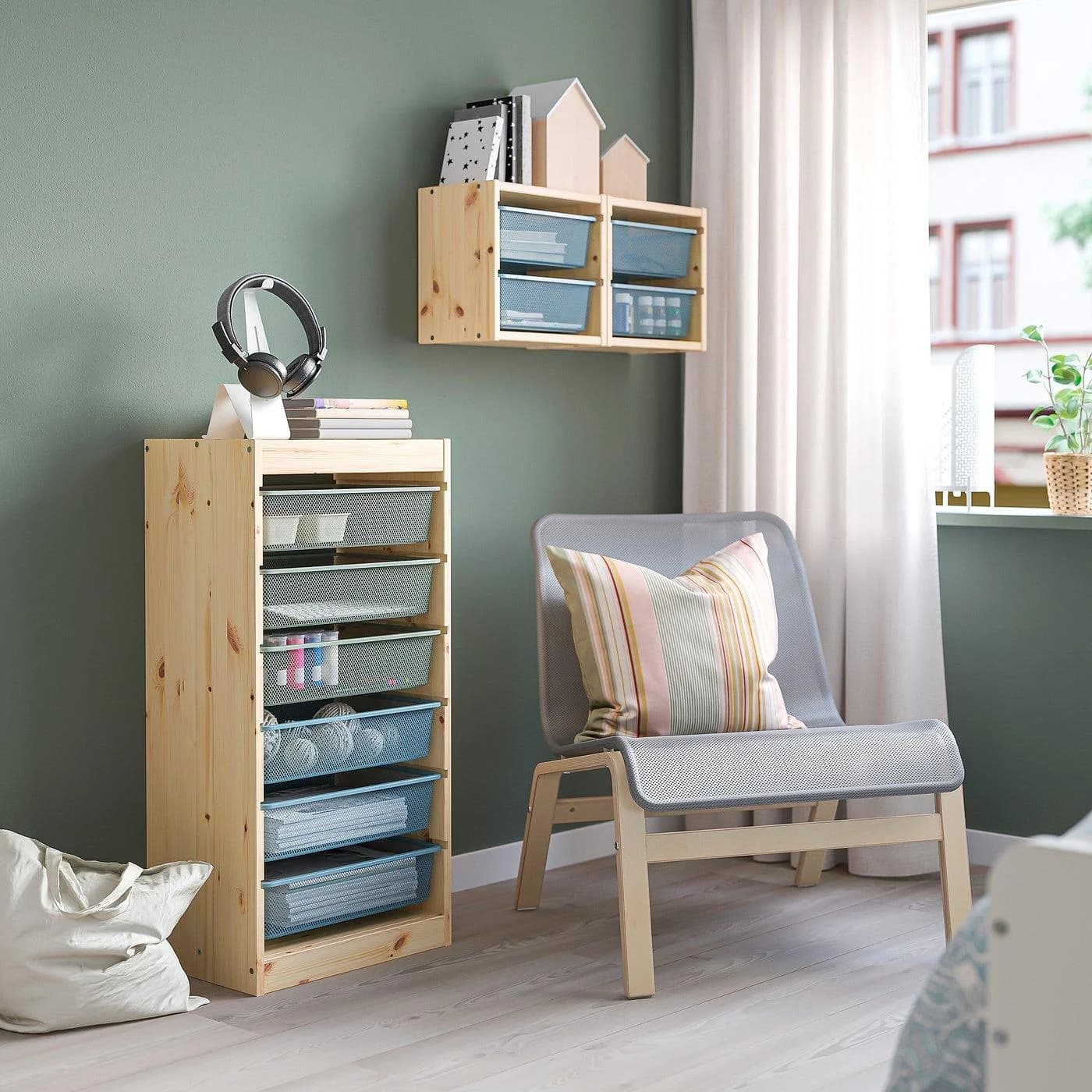 IKEA TROFAST Aufbewahrung mit Boxen Kiefer Weiß/Graublau