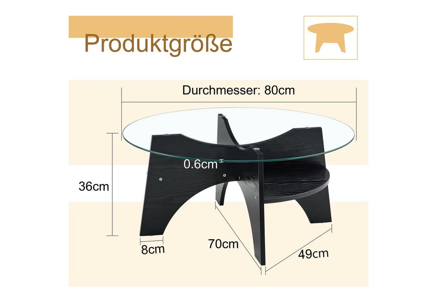 gopop Runder Couchtisch Hartglas mit Stauraum Schwarz