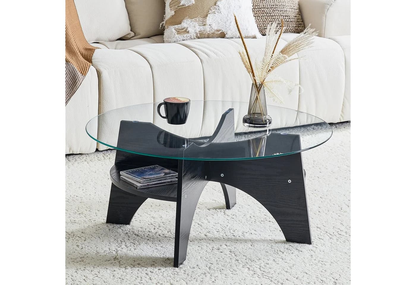 gopop Runder Couchtisch Hartglas mit Stauraum Schwarz - Bild 3