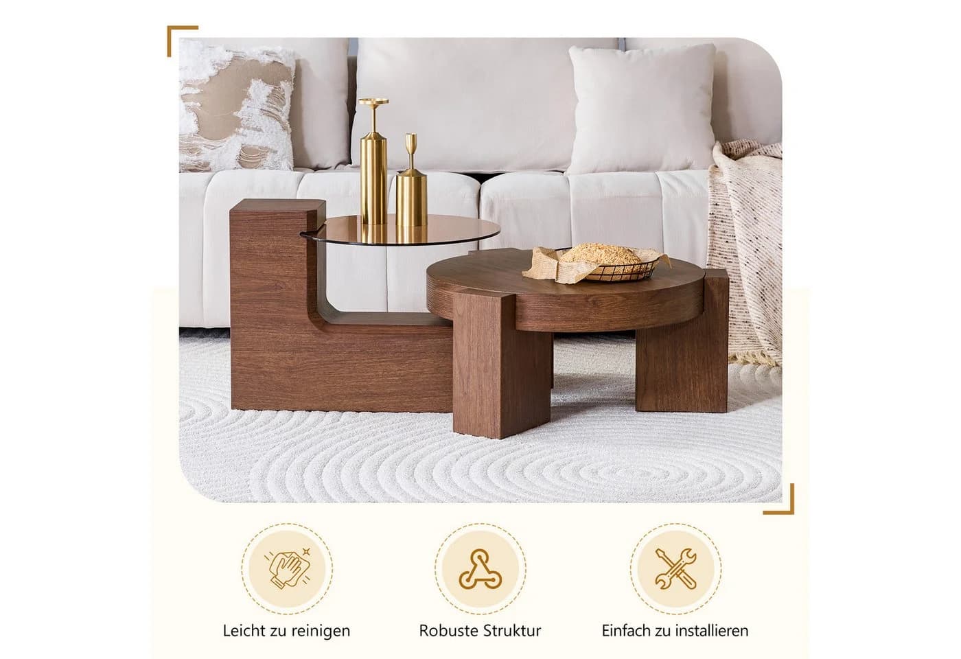 gopop Wohnzimmertisch 2er Set Rund mit Beistelltisch MDF Glas Modern - Bild 4