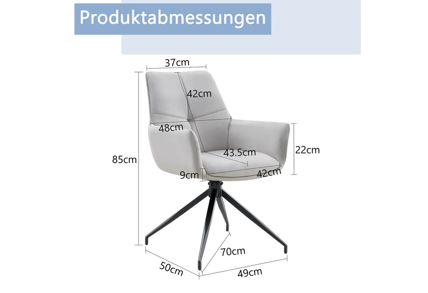 JUFU Drehstuhl 2er Set Grau Samt 360° drehbar mit Metallbeinen