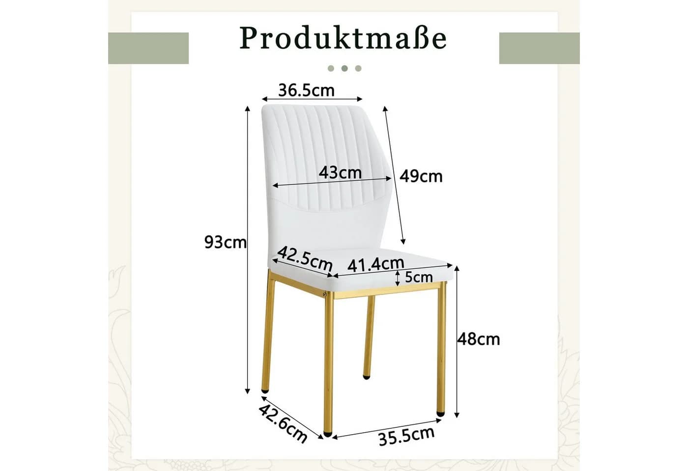 JUFU Esszimmerstuhl 4er Set weiß/gold PU-Polsterung + Metallbeine