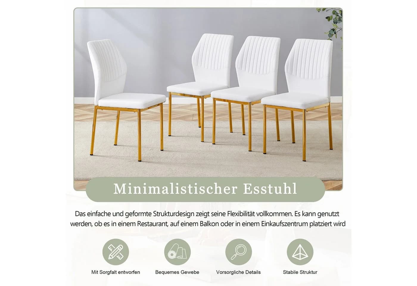 JUFU Esszimmerstuhl 4er Set weiß/gold PU-Polsterung + Metallbeine - Bild 4