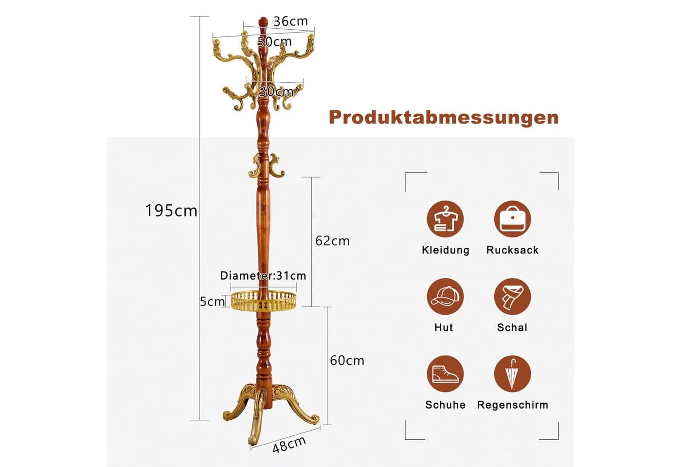 JUFU Garderobenständer aus massivem Buchenholz klassisch