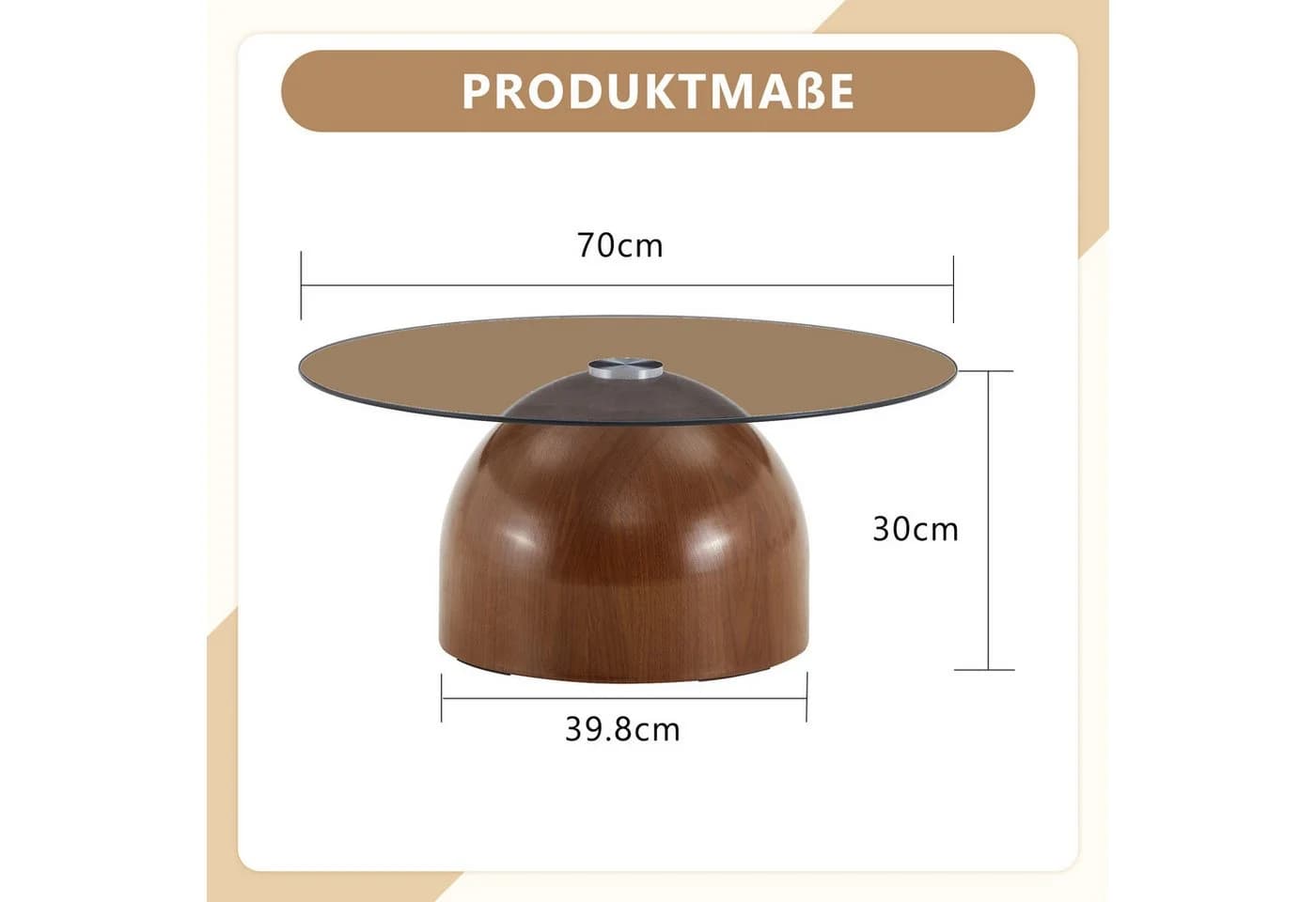 gopop Couchtisch mit Glas Ø 70 cm Walnussholzoptik/Cremefarben Retro