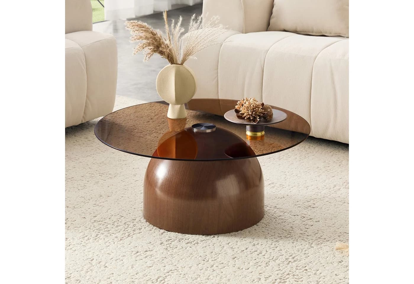 gopop Couchtisch mit Glas Ø 70 cm Walnussholzoptik/Cremefarben Retro - Bild 3