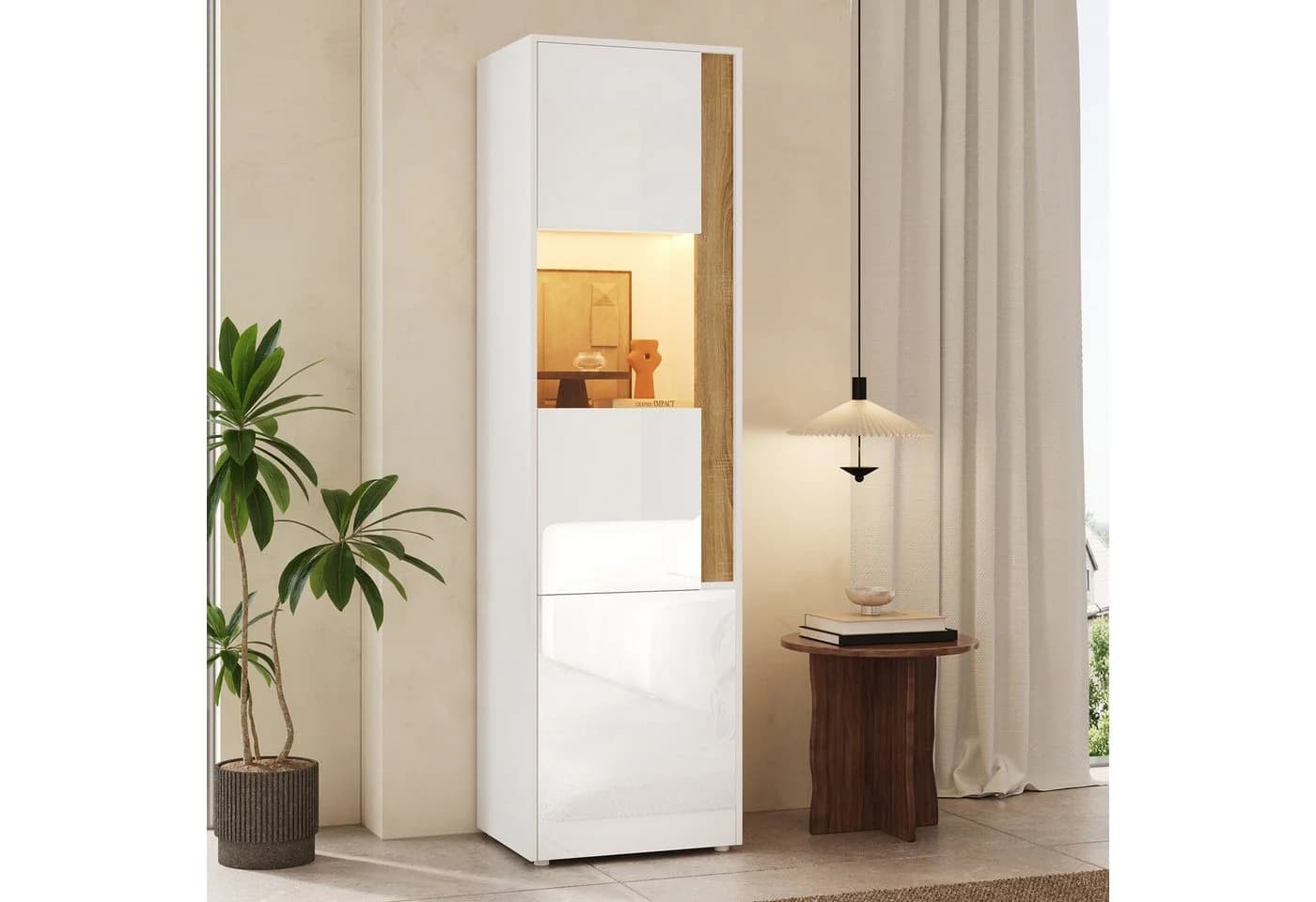 i@home Vitrine Hochschrank Weiß mit LED-Beleuchtung und Acryl-Türen