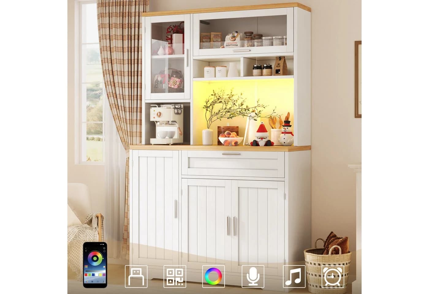 i@home Hochschrank Küchenschrank 104x40x180cm Vitrine mit LED-Beleuchtung, weiß/schwarz