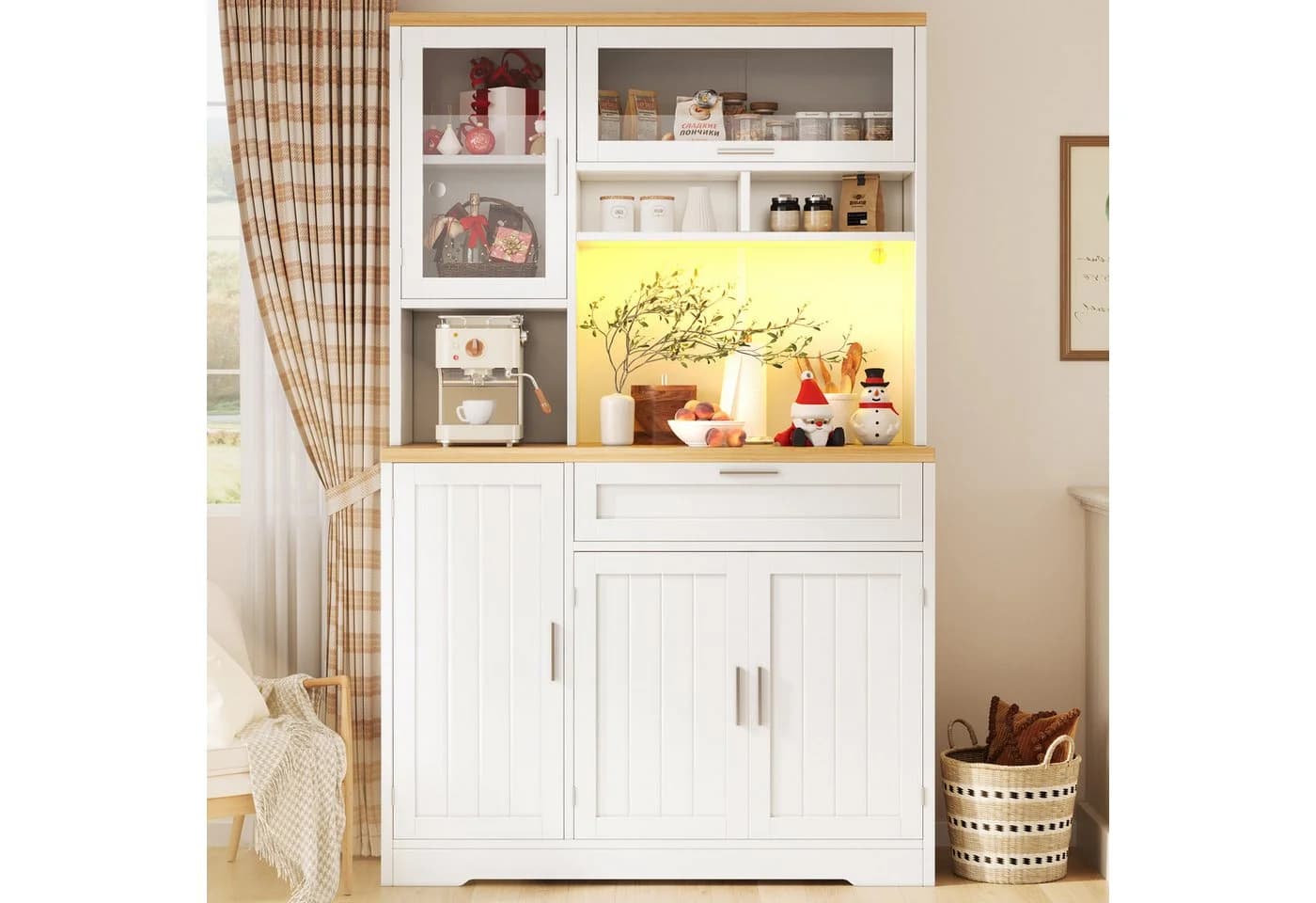 i@home Hochschrank Küchenschrank 104x40x180cm Vitrine mit LED-Beleuchtung, weiß/schwarz - Bild 2