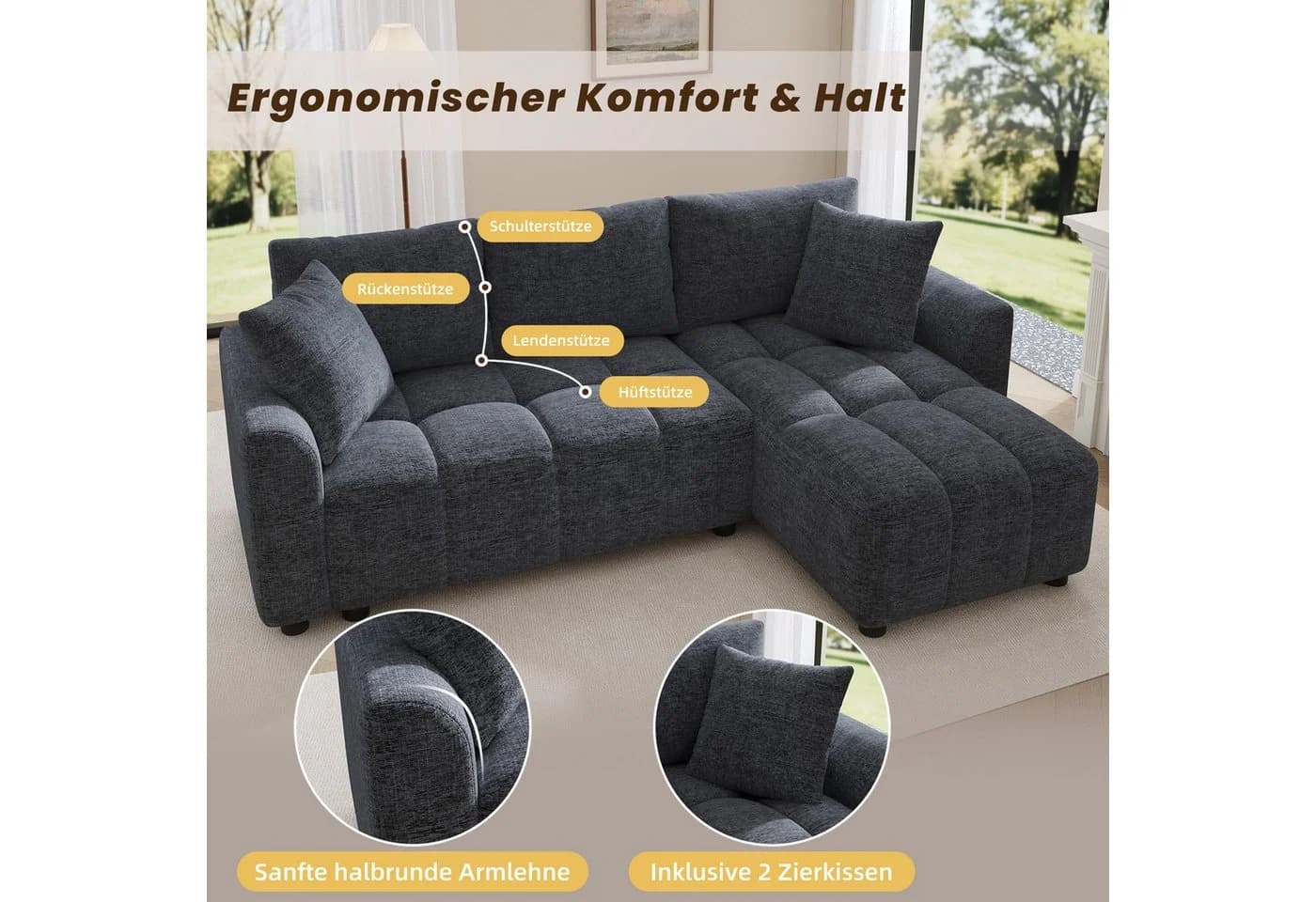 i@home Ecksofa 3-Sitzer L-Form Sofa mit Chaiselongue & 2 Zierkissen Grau/Beige