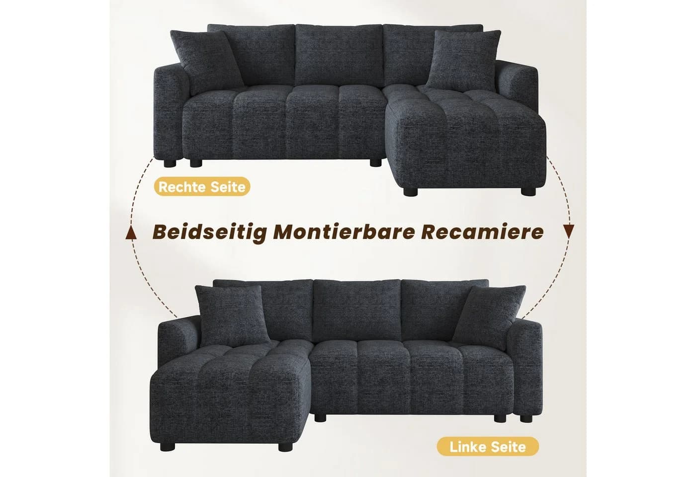 i@home Ecksofa 3-Sitzer L-Form Sofa mit Chaiselongue & 2 Zierkissen Grau/Beige - Bild 3