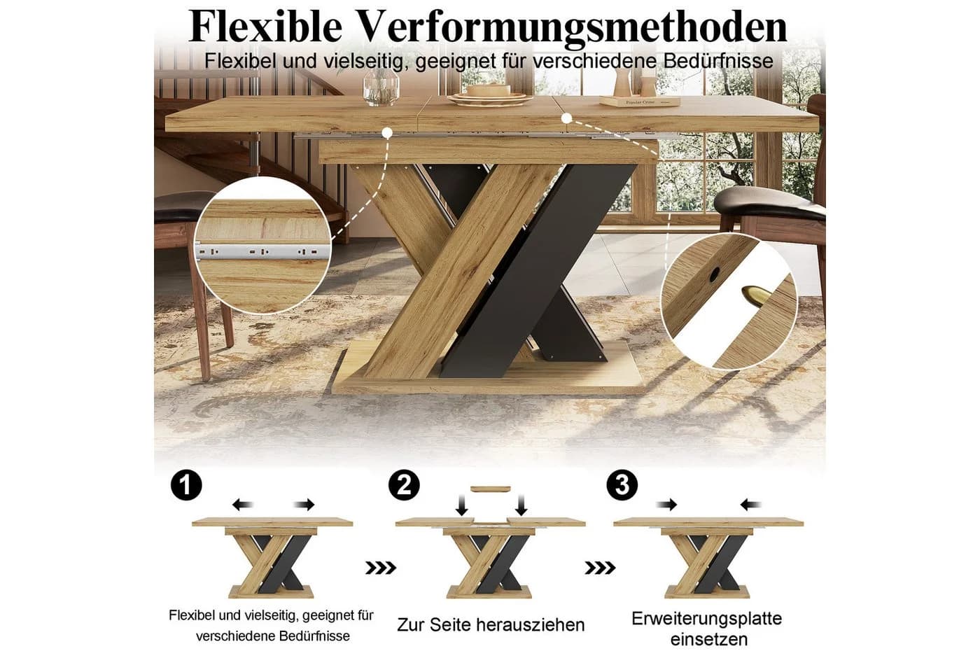 i@home Esstisch Teleskop Holzfarben Schwarz X-Beine Stauraum - Bild 5